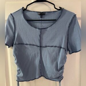 Curvy Sense Blue Ribbed Lettuce-Hem Ruched Crop Top – Size 1X